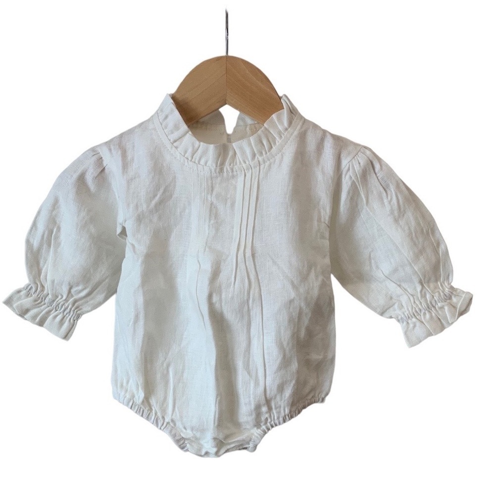 Marlow and mae Jean Romper in 100% Sandwashed Linen White Baby 0-3 Months